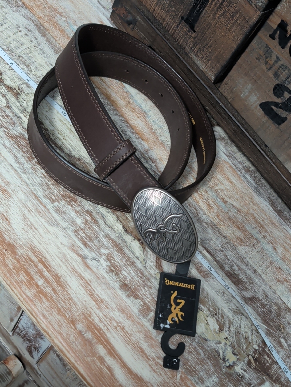 Browning Brown Genuine Leather Belt Size 38 Oval Buckmark Silver Tone Buckle New